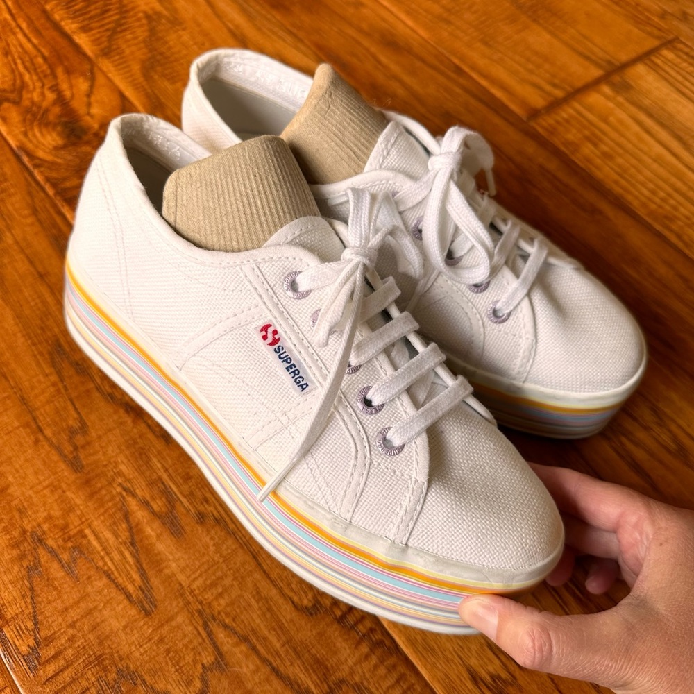 Superga White Multi Color Platform Rainbow Stripe Sneakers Size 6.5 - Picture 1 of 6